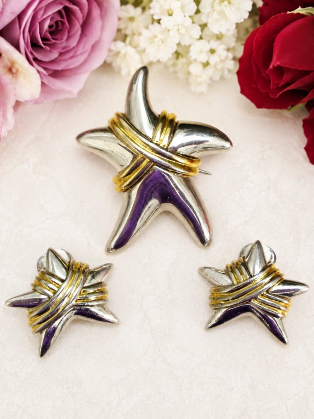 PARK LANE Star Brooch Earrings ~ DESIGNER Silver Gold Plate Star Jewelry Set